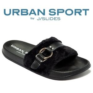 Urban Sport J Slides Super Soft Faux Fur Sandals Shoes Slip Ons NIB